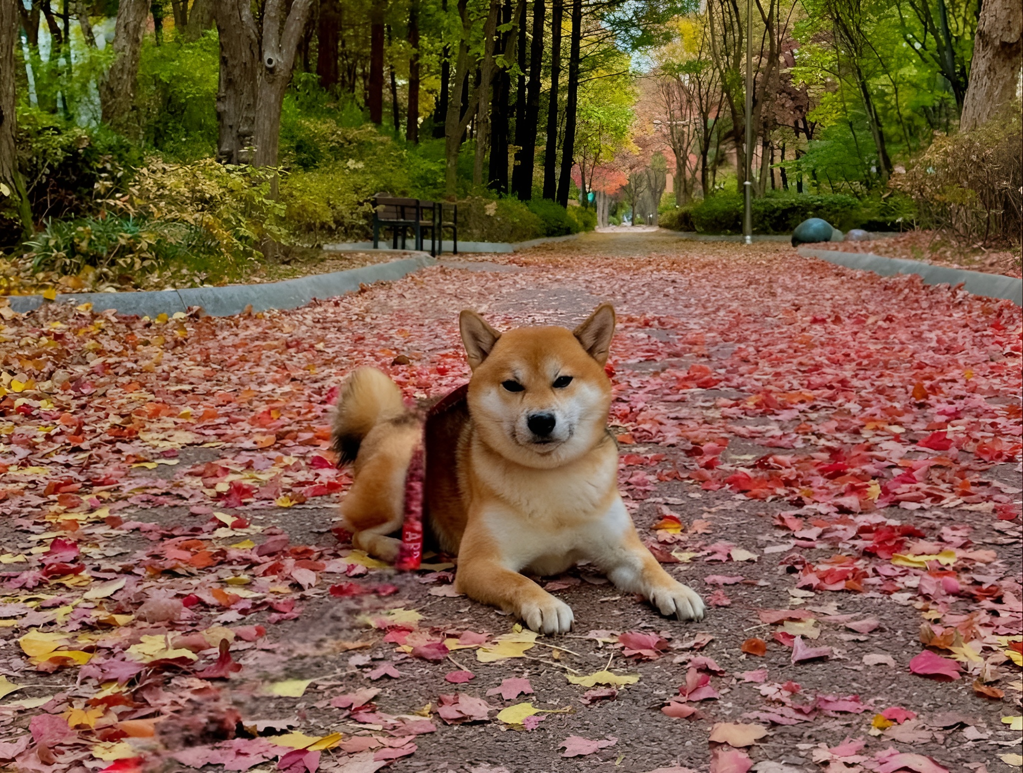 Dog sitting on a flower-covered road surrounded by trees, with Expert Dog Walking.